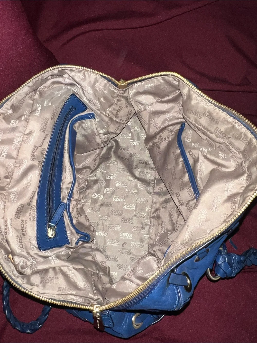 Michael Kors Blue Leather Satchel Handbag with Braided Handles and Tassels